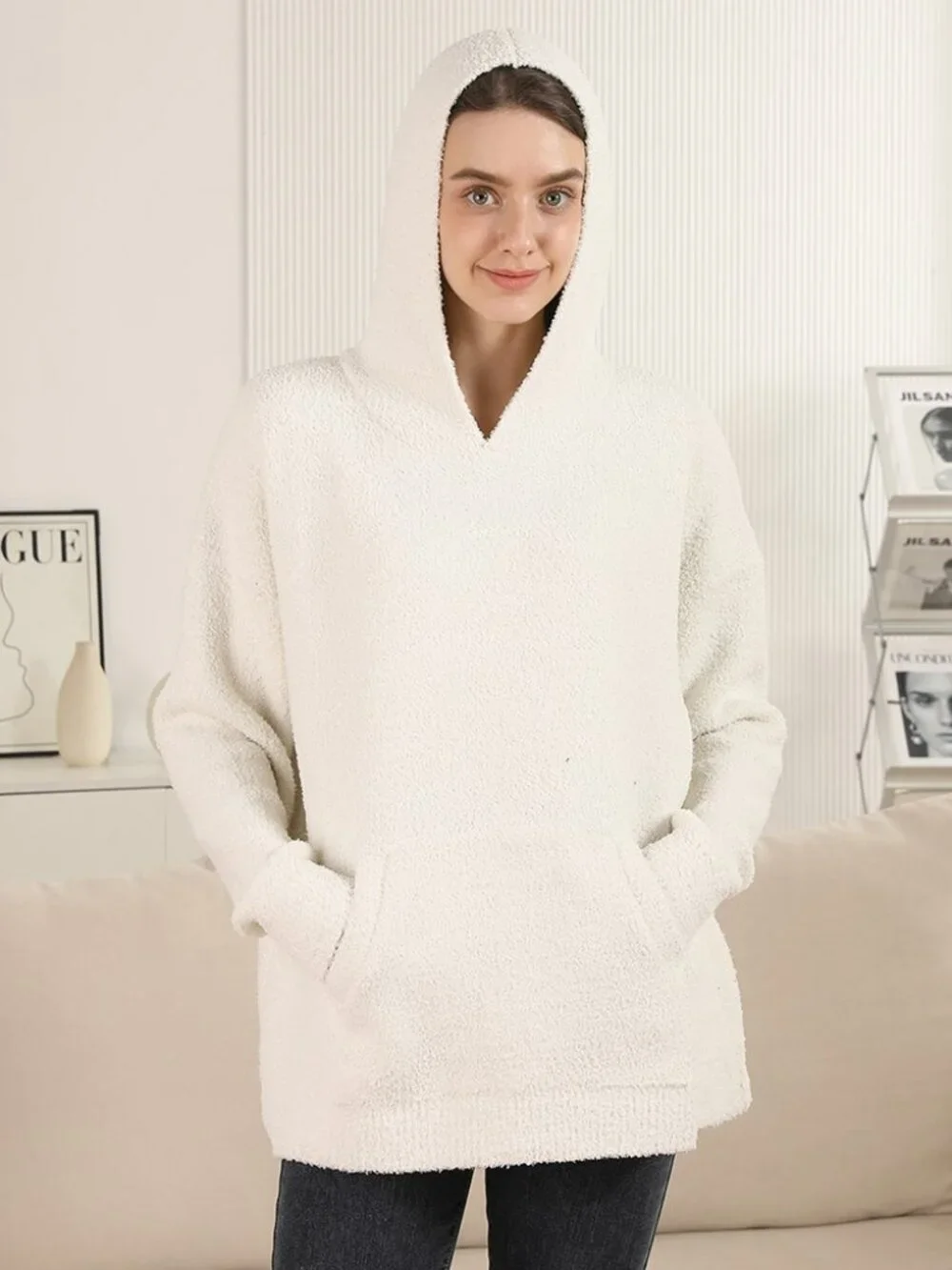 Cozy Solid Color Hooded Sweater with Pocket